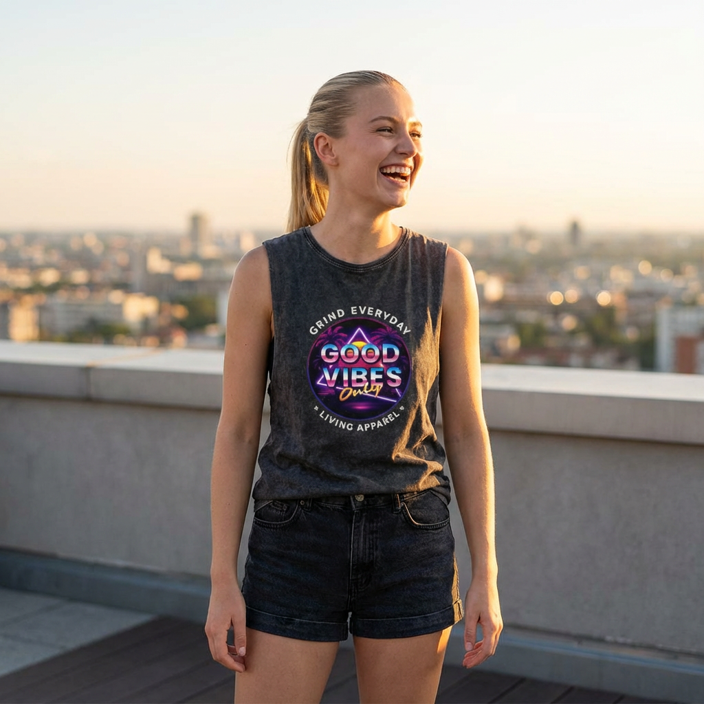 Good Vibes Tank Top — Neon Retro Graphic Stonewash Muscle Tee