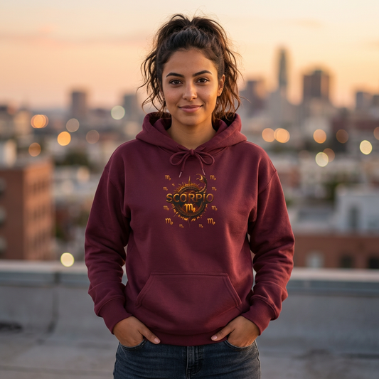 Scorpio Hoodie — Zodiac Scorpion Graphic with 'Scorpio Nutrition Facts' Back Print