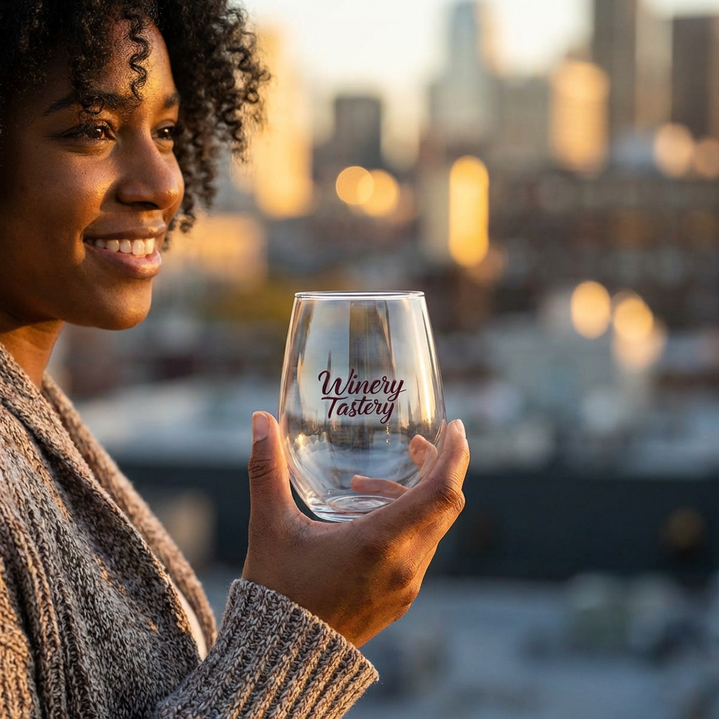Winery Tastery Stemless Wine Glass — 11.5 oz Engraved Colorful Marquee Design