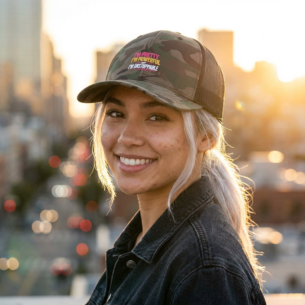 Camouflage Trucker Hat — Embroidered 'I'm Pretty, No Brainer, I'm Unforgettable' Cap