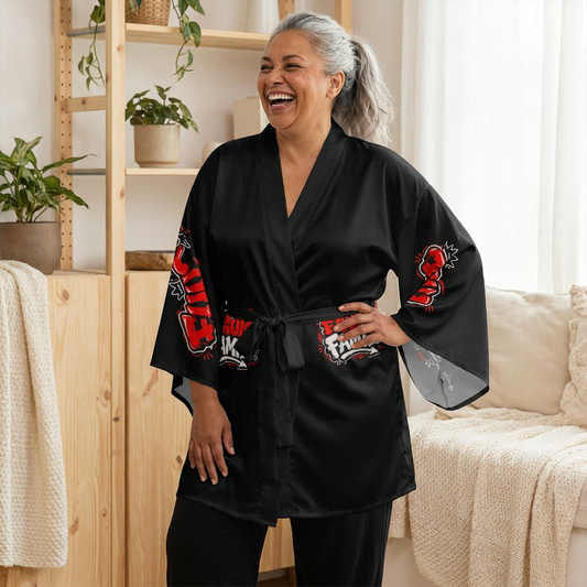 Black 'Fuush Family' Kimono Robe — Long Sleeve Lounge Wrap