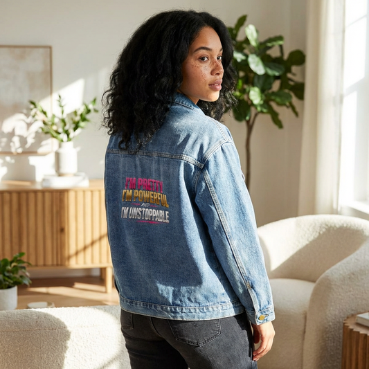 Denim Jacket — "I'm Pretty, I'm Powerful, I'm Unstoppable" Back Graphic