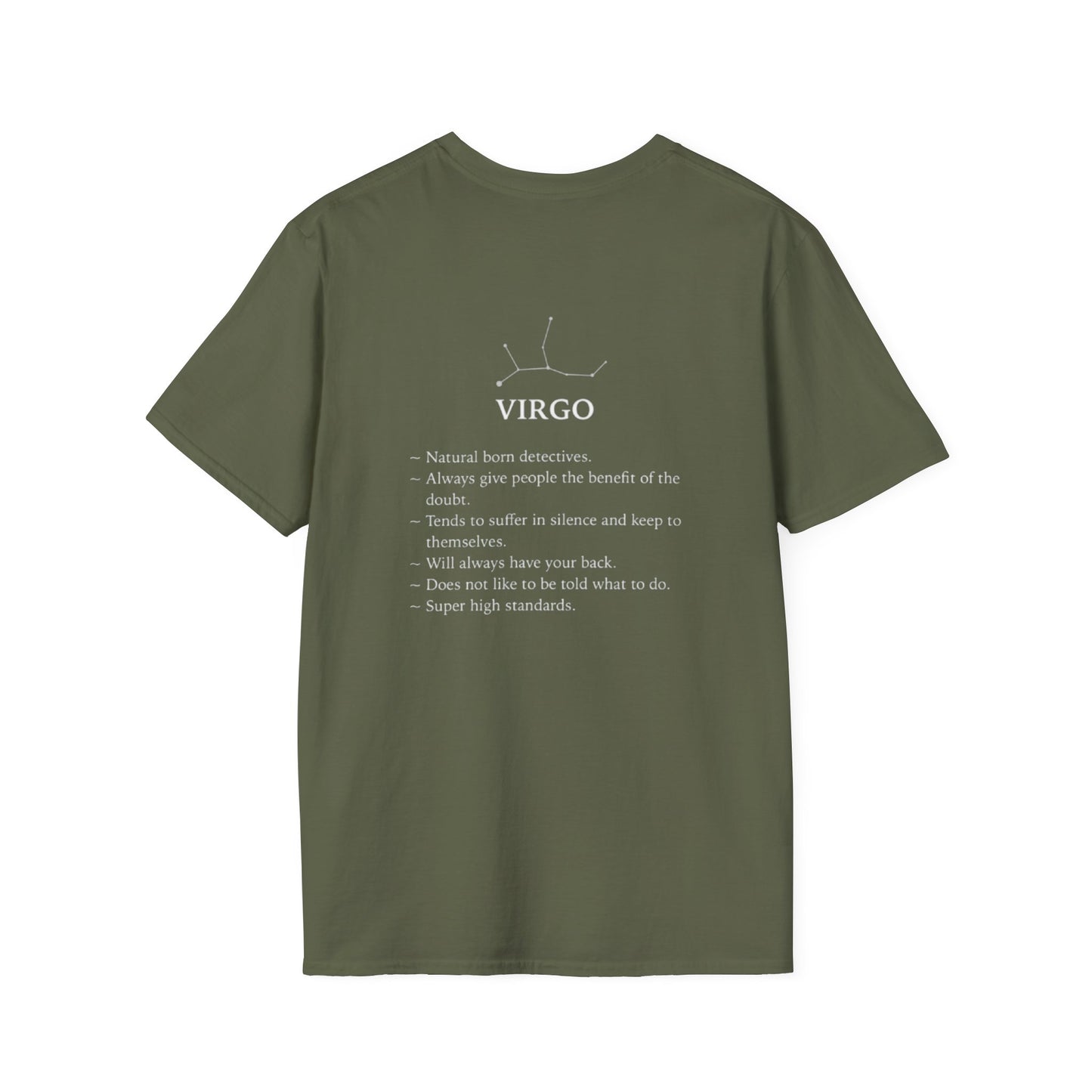 Virgo Zodiac T-Shirt — Vintage Astrology Tee with Virgo Traits (Constellation Back)