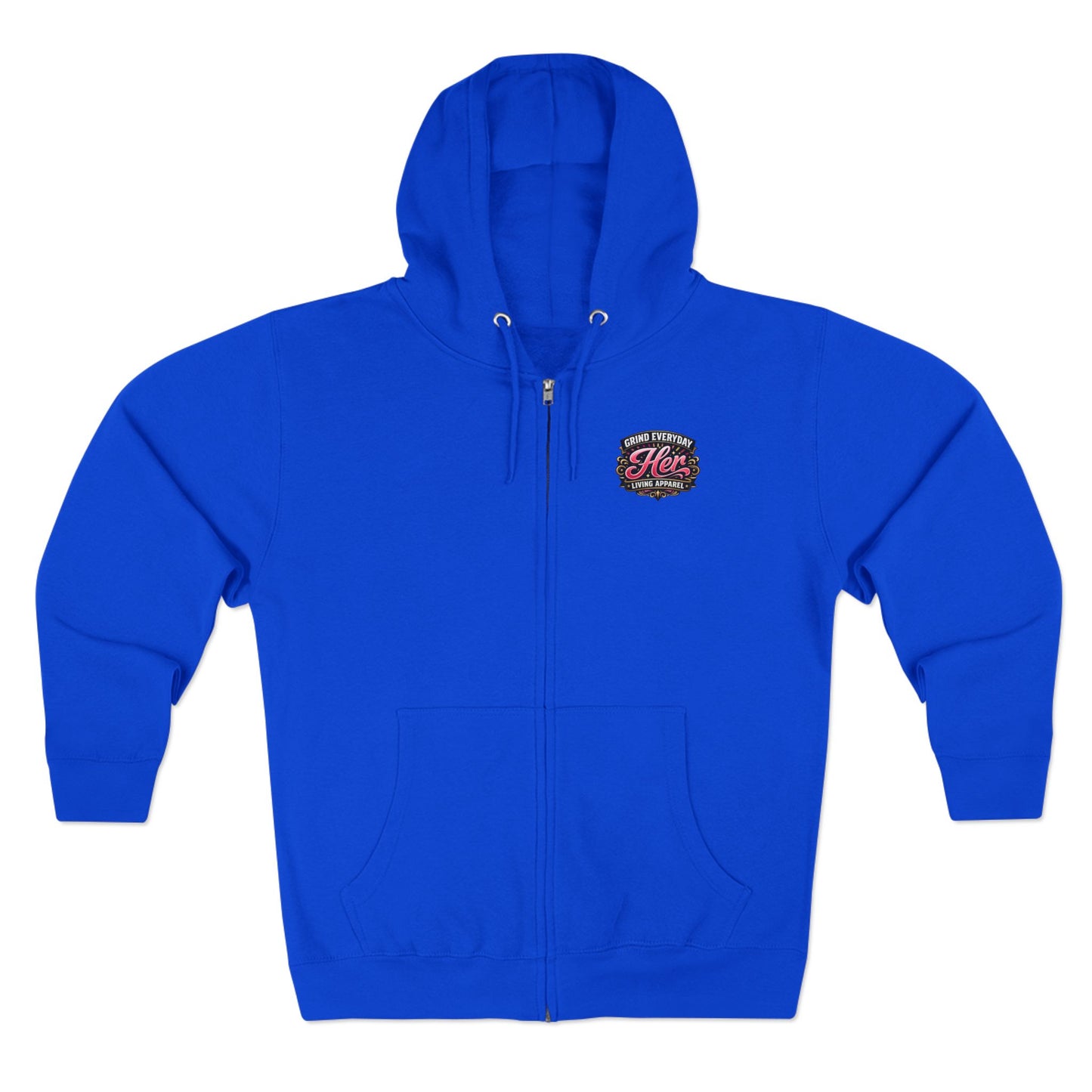 Zip Hoodie — 'Rich in Love' Vintage Crest Chest Logo, Subtle Back Text