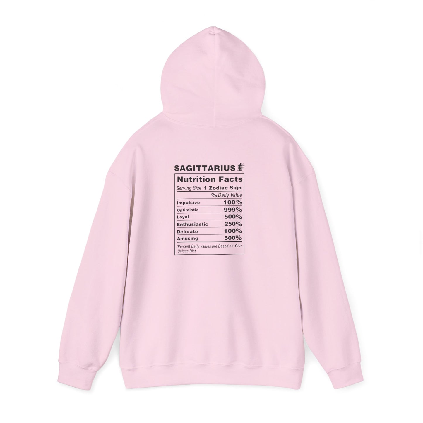 Sagittarius Zodiac Hoodie 2 – Astrological Flame Graphic with 'Sagittarius' & Nutrition Facts Back