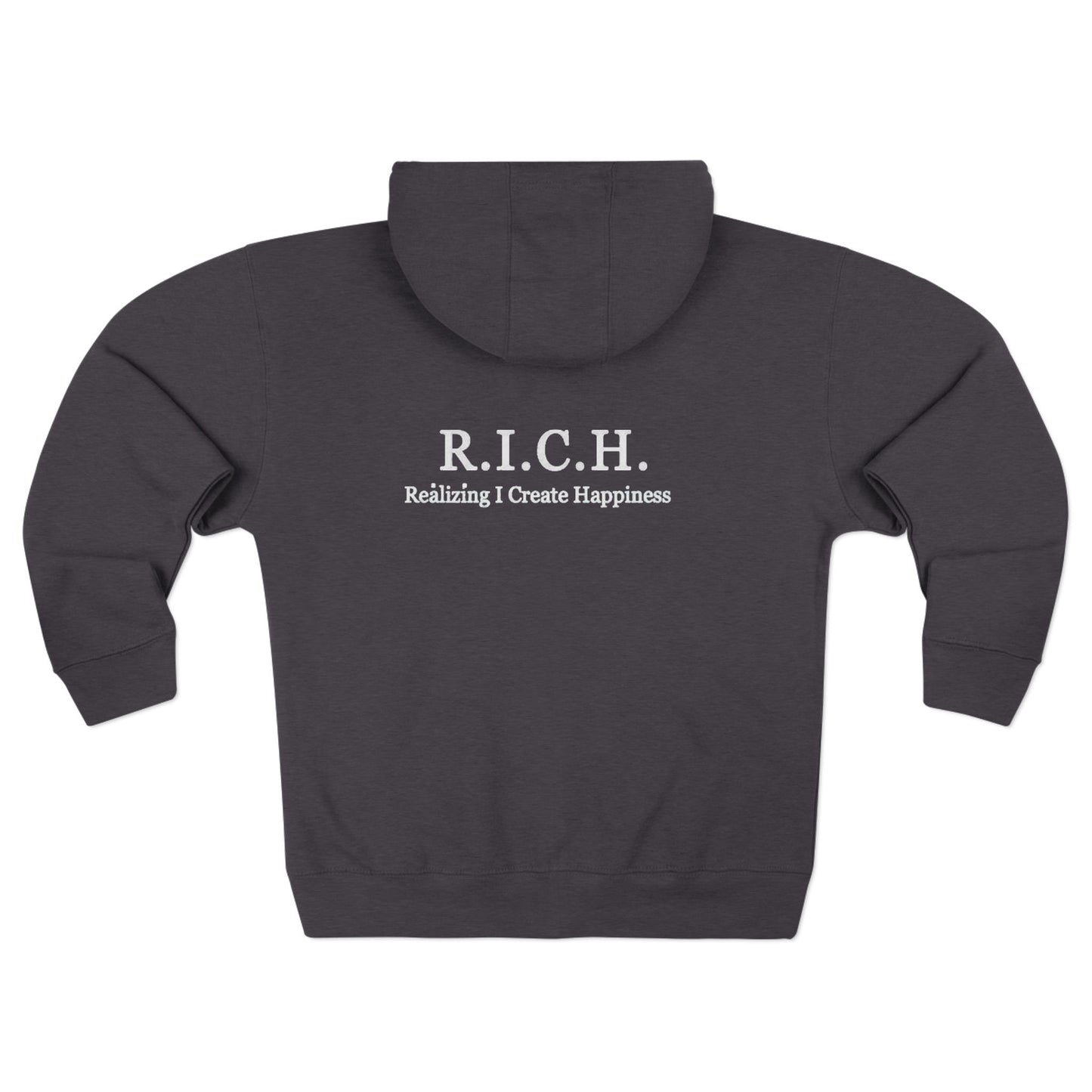 Zip Hoodie — 'Rich in Love' Vintage Crest Chest Logo, Subtle Back Text
