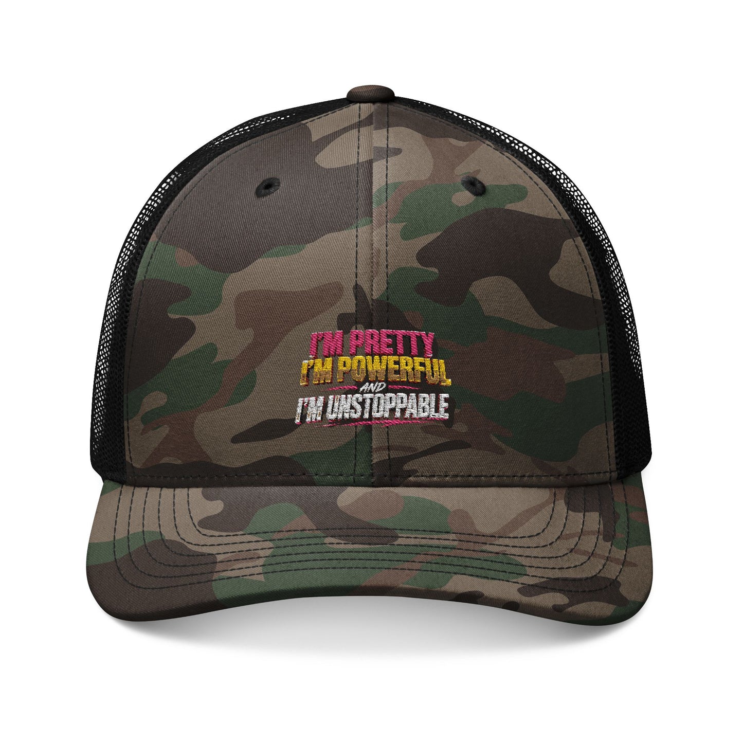 Camouflage Trucker Hat — Embroidered 'I'm Pretty, No Brainer, I'm Unforgettable' Cap
