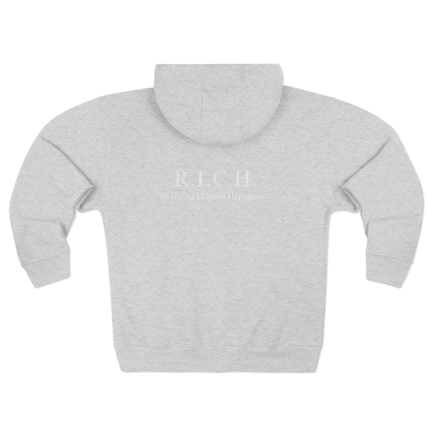 Zip Hoodie — 'Rich in Love' Vintage Crest Chest Logo, Subtle Back Text