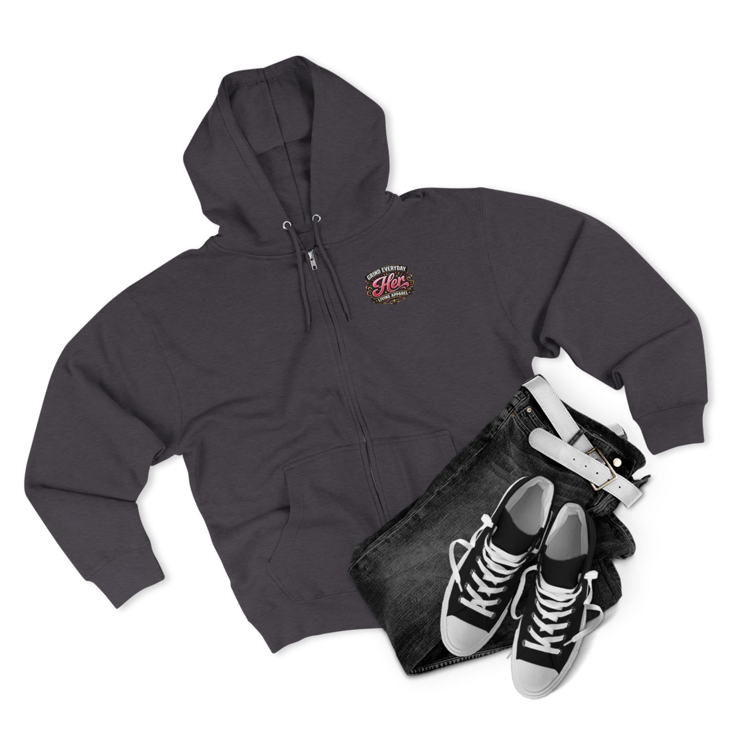 Zip Hoodie — 'Rich in Love' Vintage Crest Chest Logo, Subtle Back Text