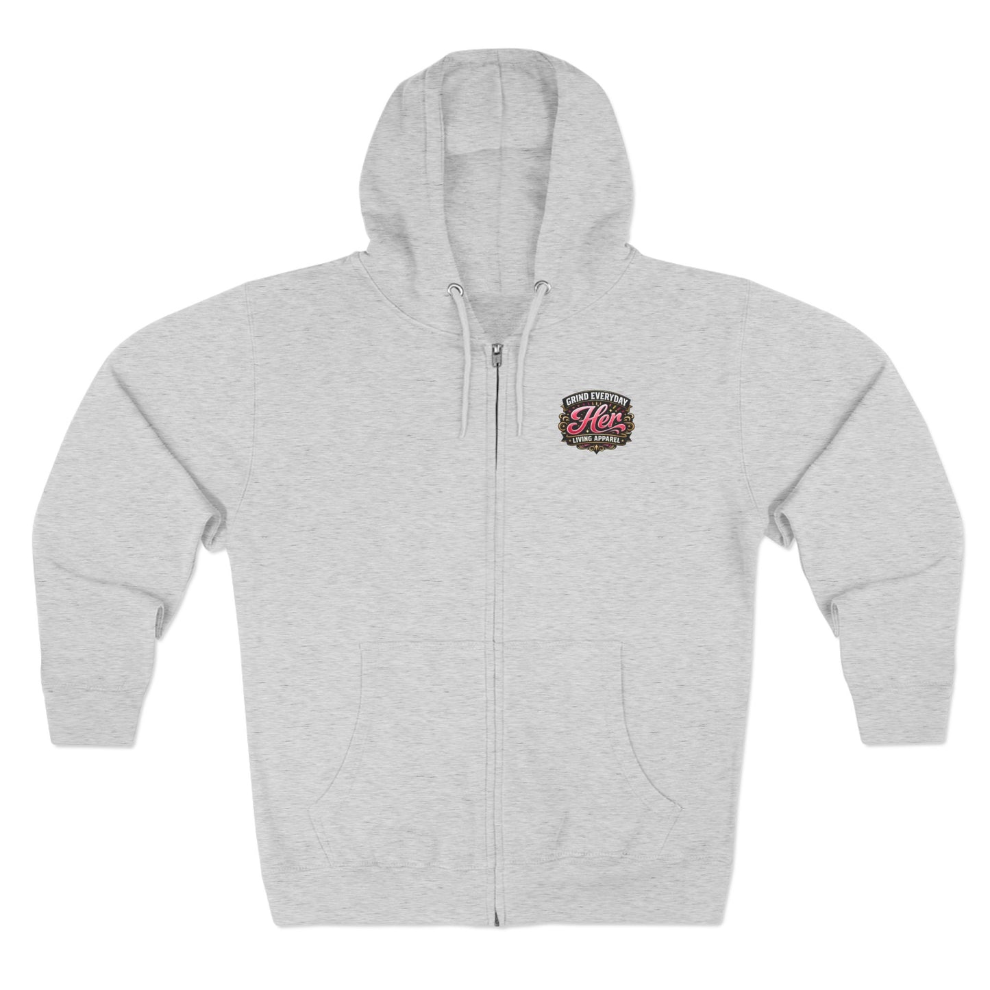 Zip Hoodie — 'Rich in Love' Vintage Crest Chest Logo, Subtle Back Text