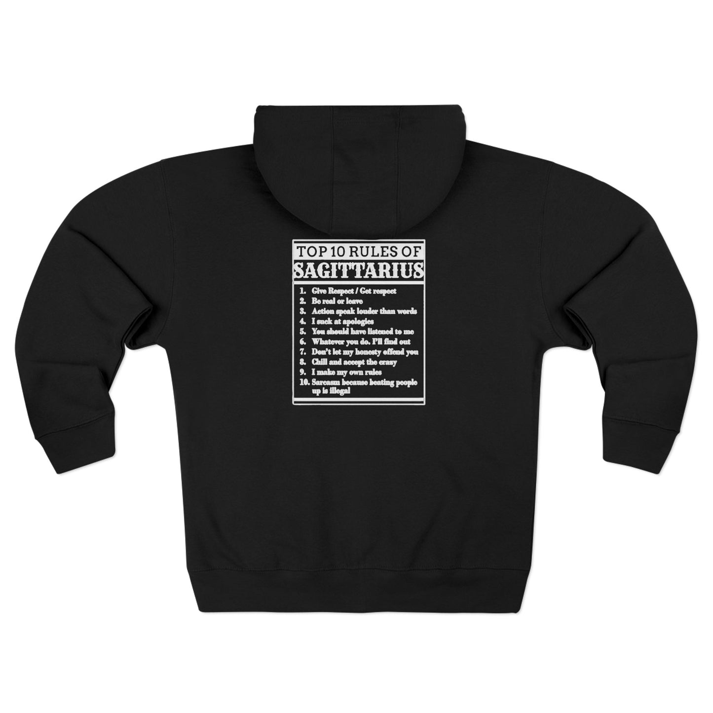 Sagittarius Zip Hoodie — "Top 10 Rules of Sagittarius" Astrology Zodiac Zip-Up