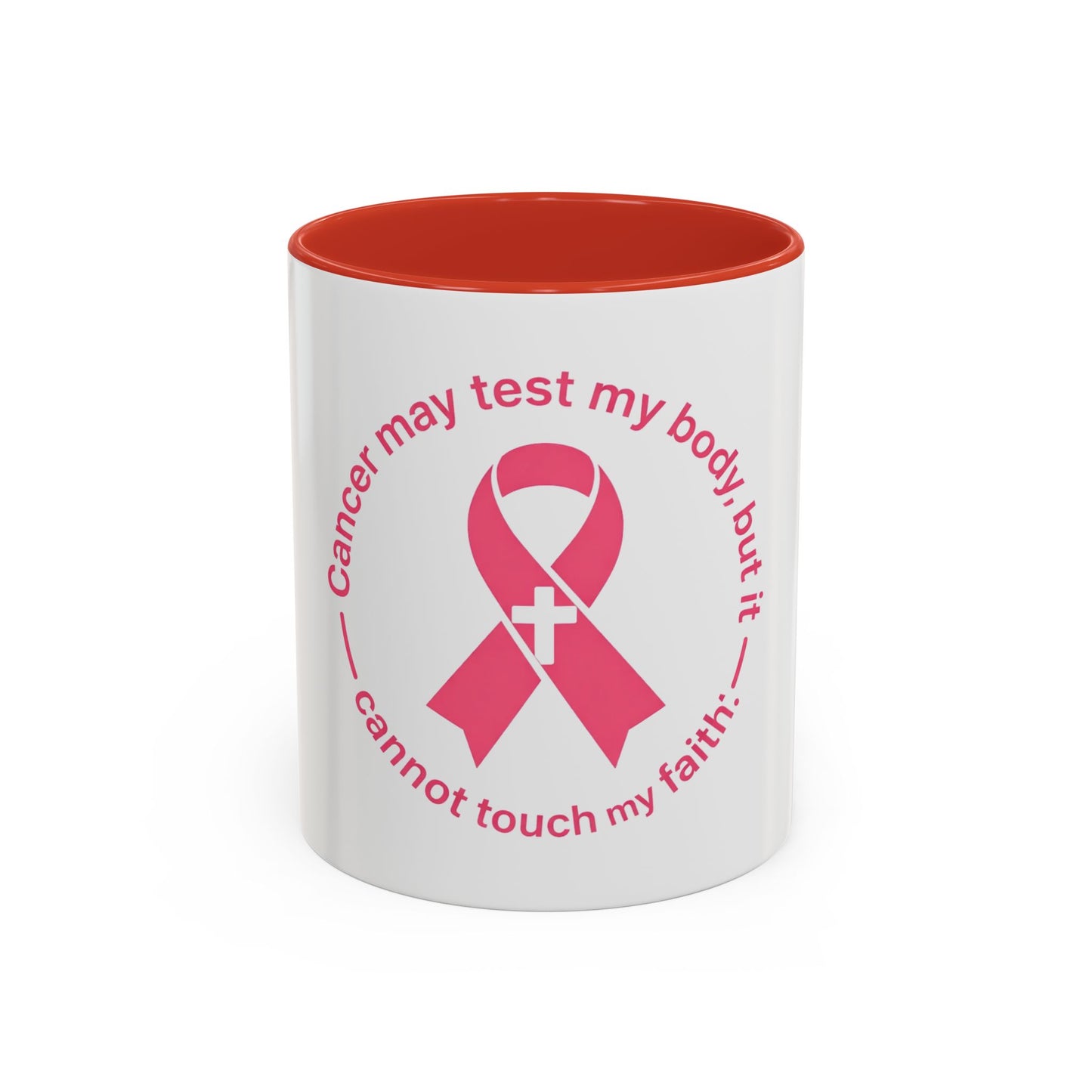 Cancer Faith Ribbon Mug – "Cancer may test my body, but it cannot touch my faith" Accent Coffee Mug