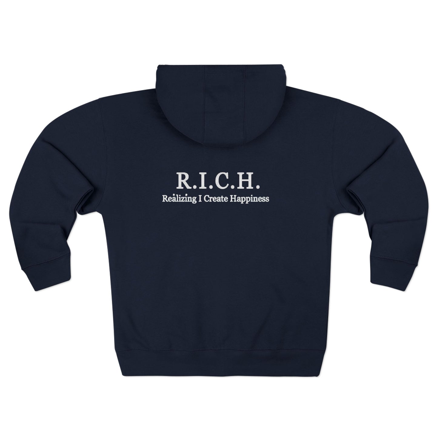 Zip Hoodie — 'Rich in Love' Vintage Crest Chest Logo, Subtle Back Text