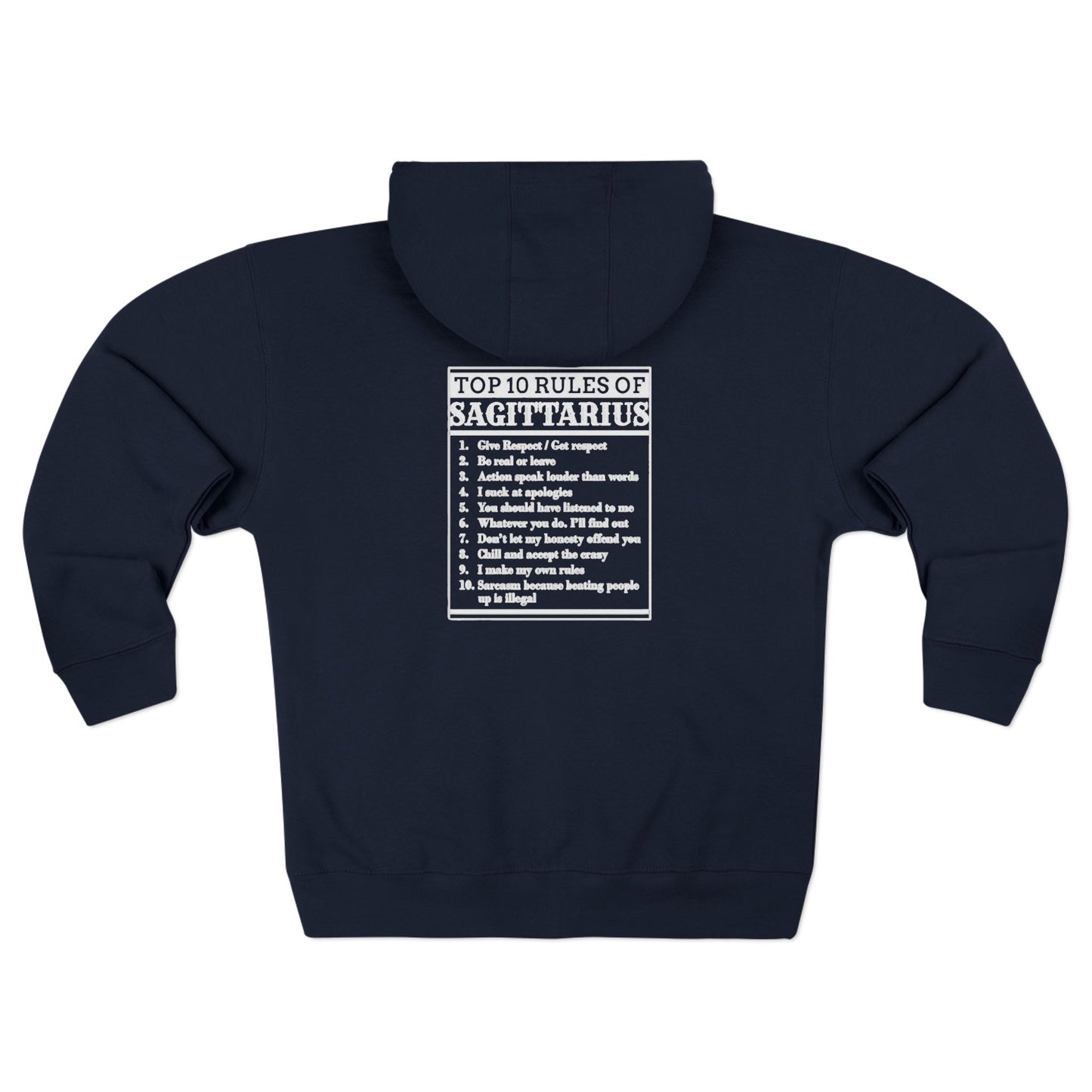 Sagittarius Zip Hoodie — "Top 10 Rules of Sagittarius" Astrology Zodiac Zip-Up