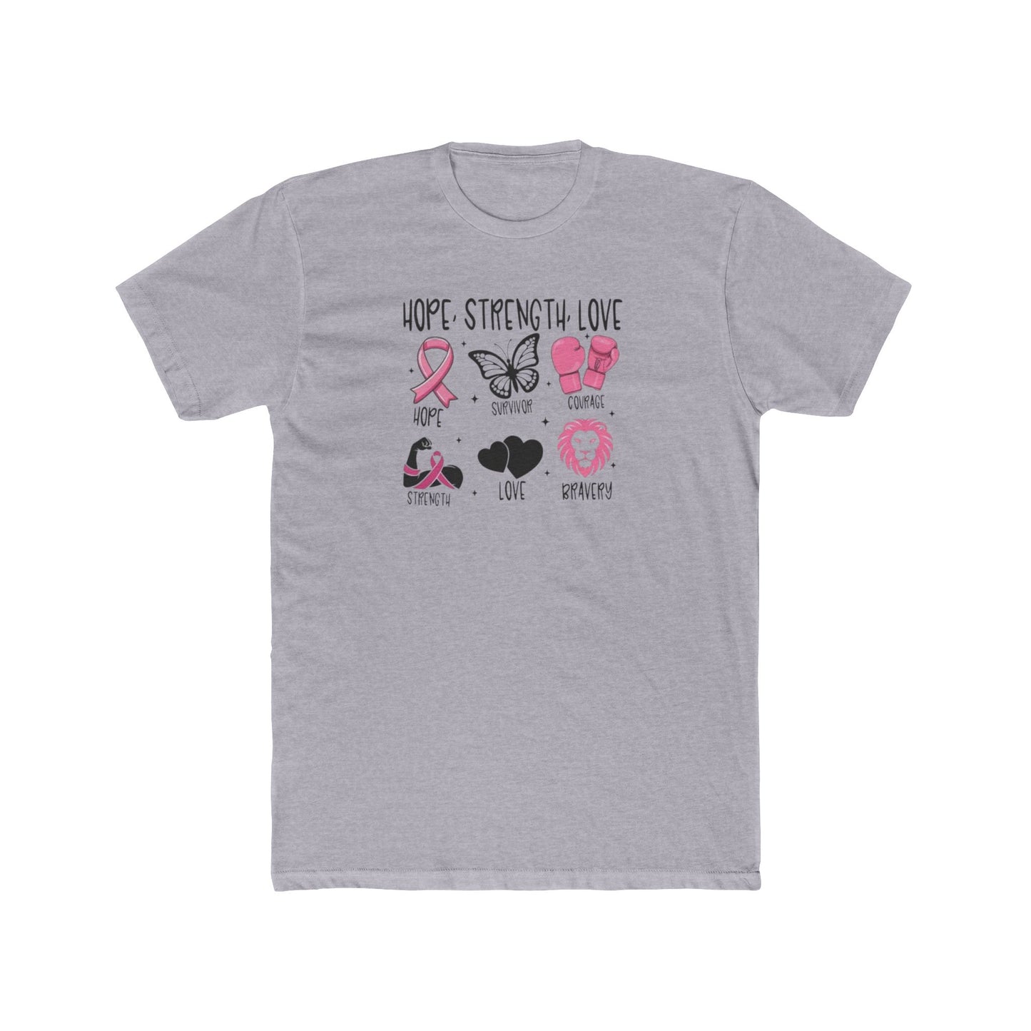 Breast Cancer Support Tee — "Hope Strength Love" Ribbon & Symbols Cotton T-Shirt