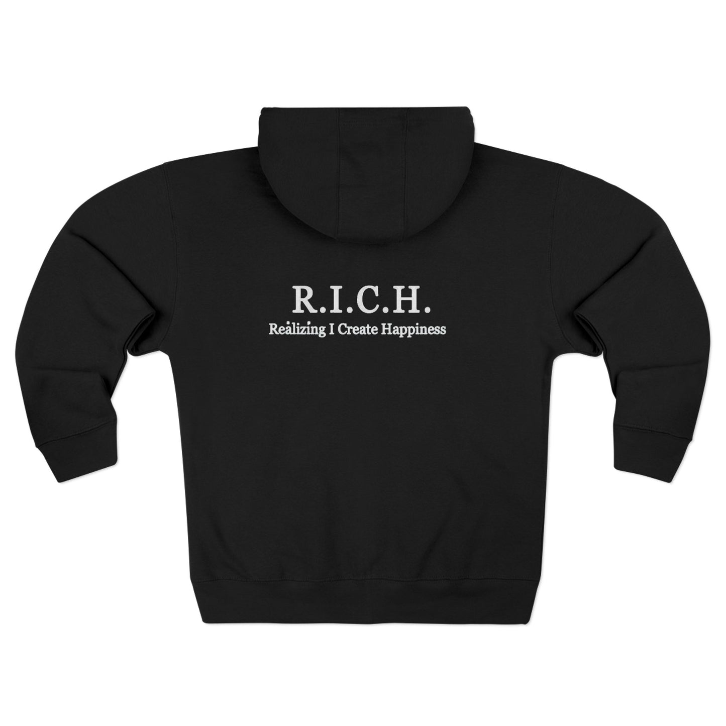 Zip Hoodie — 'Rich in Love' Vintage Crest Chest Logo, Subtle Back Text