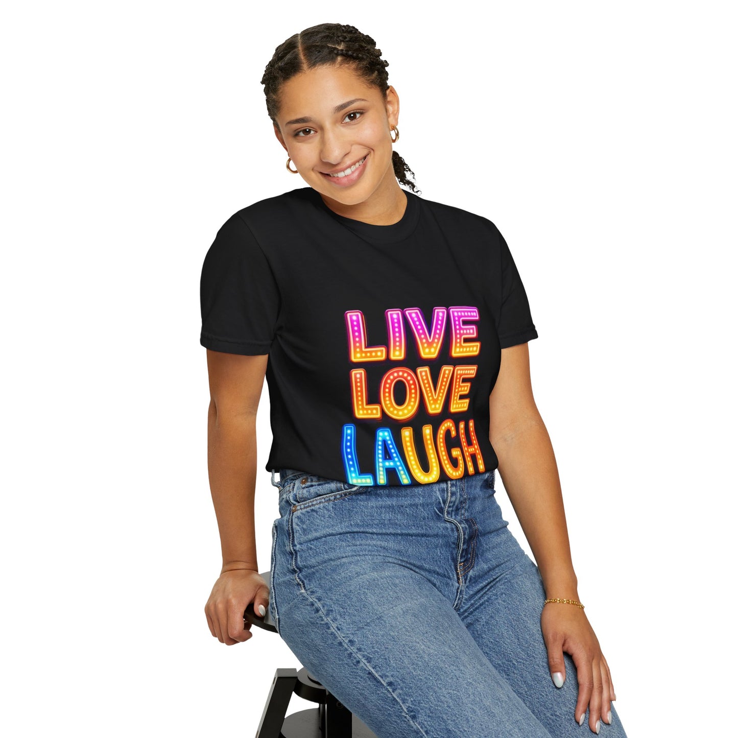 Live Love Laugh Graphic T-Shirt — Colorful Retro Marquee Design