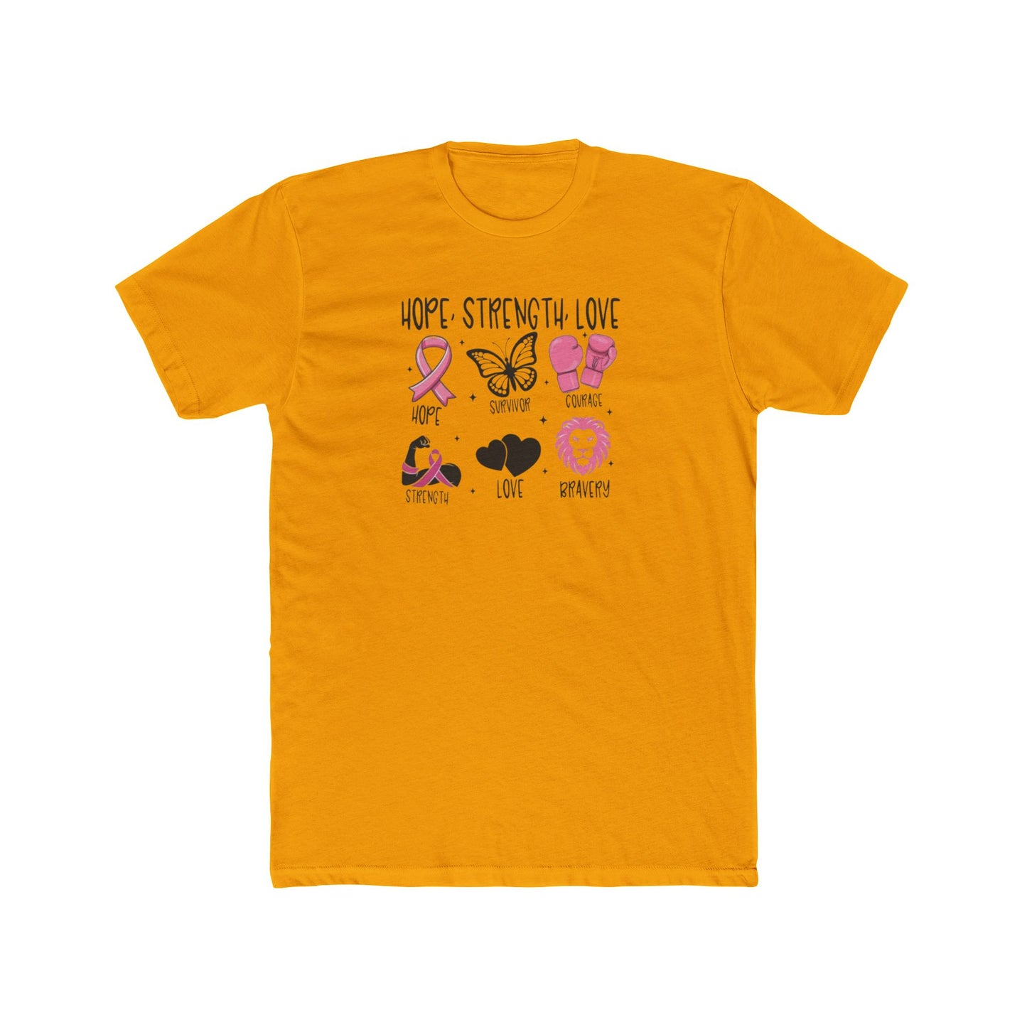 Breast Cancer Support Tee — "Hope Strength Love" Ribbon & Symbols Cotton T-Shirt