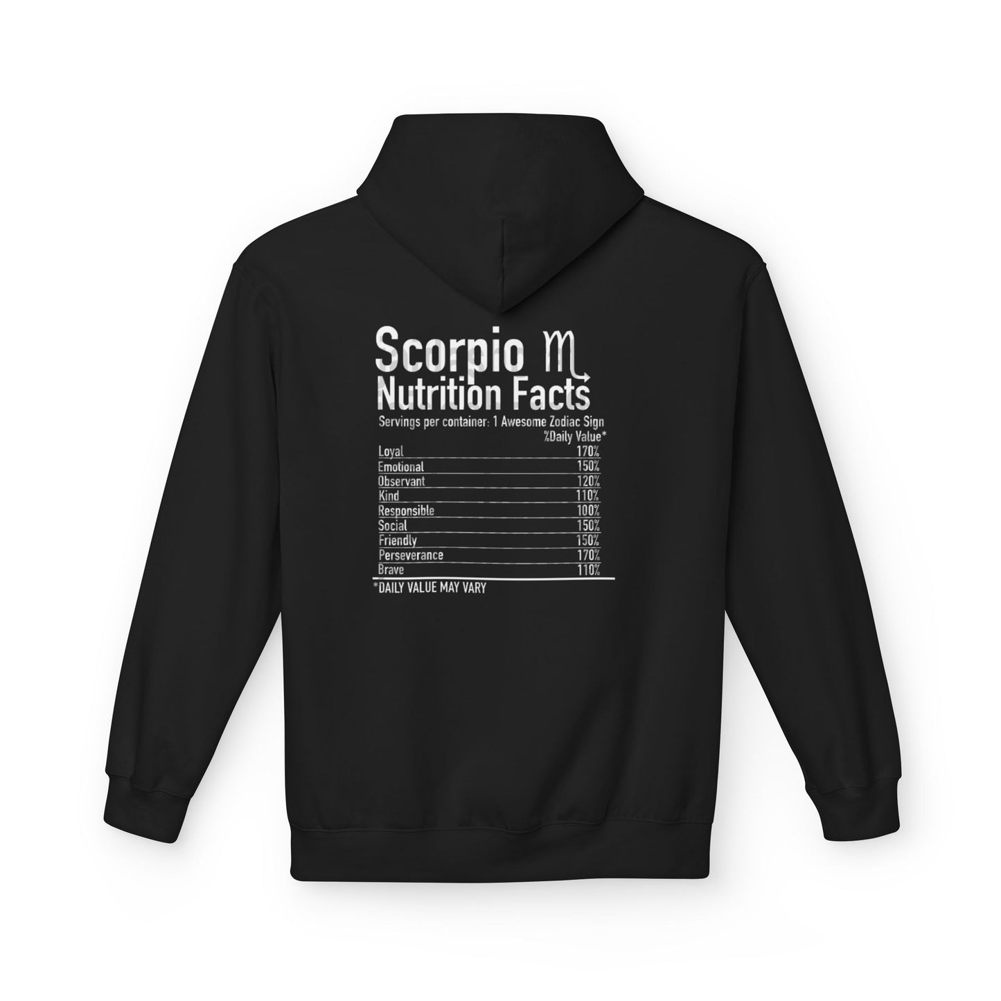 Scorpio Hoodie — Zodiac Scorpion Graphic with 'Scorpio Nutrition Facts' Back Print
