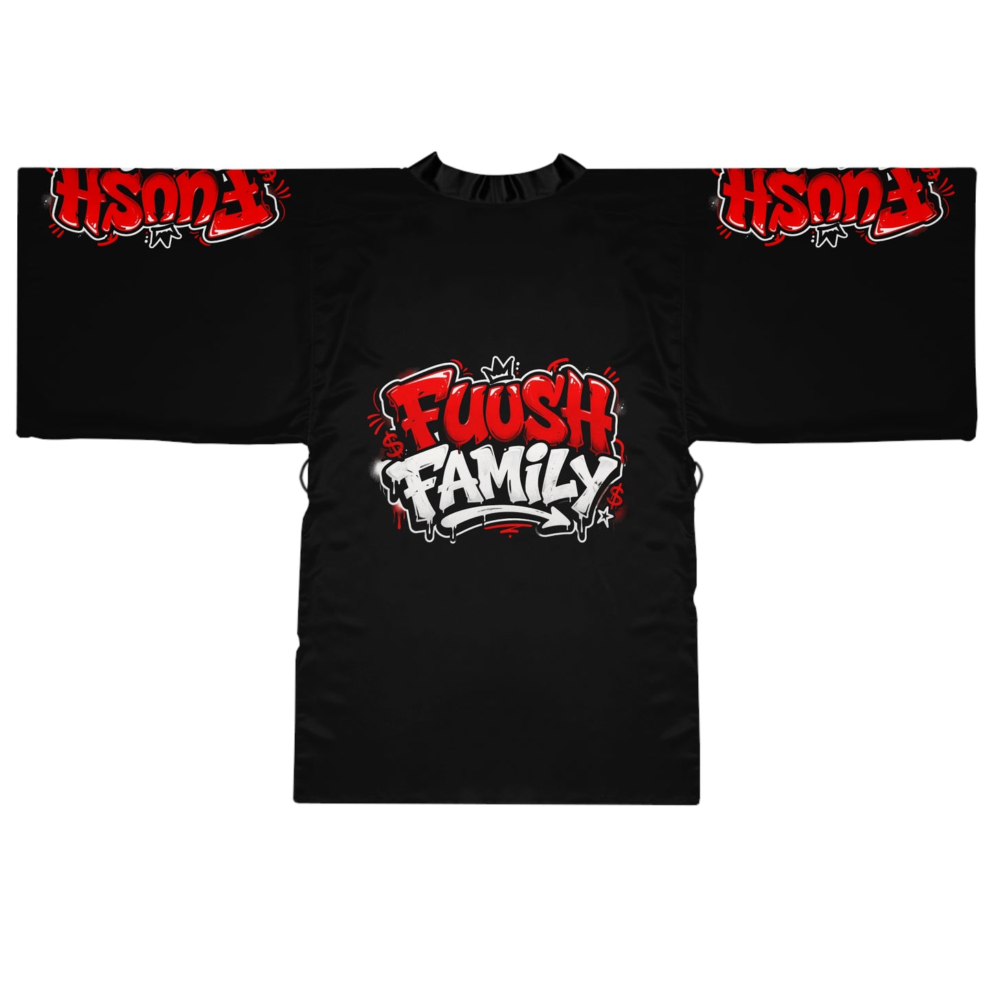 Black 'Fuush Family' Kimono Robe — Long Sleeve Lounge Wrap