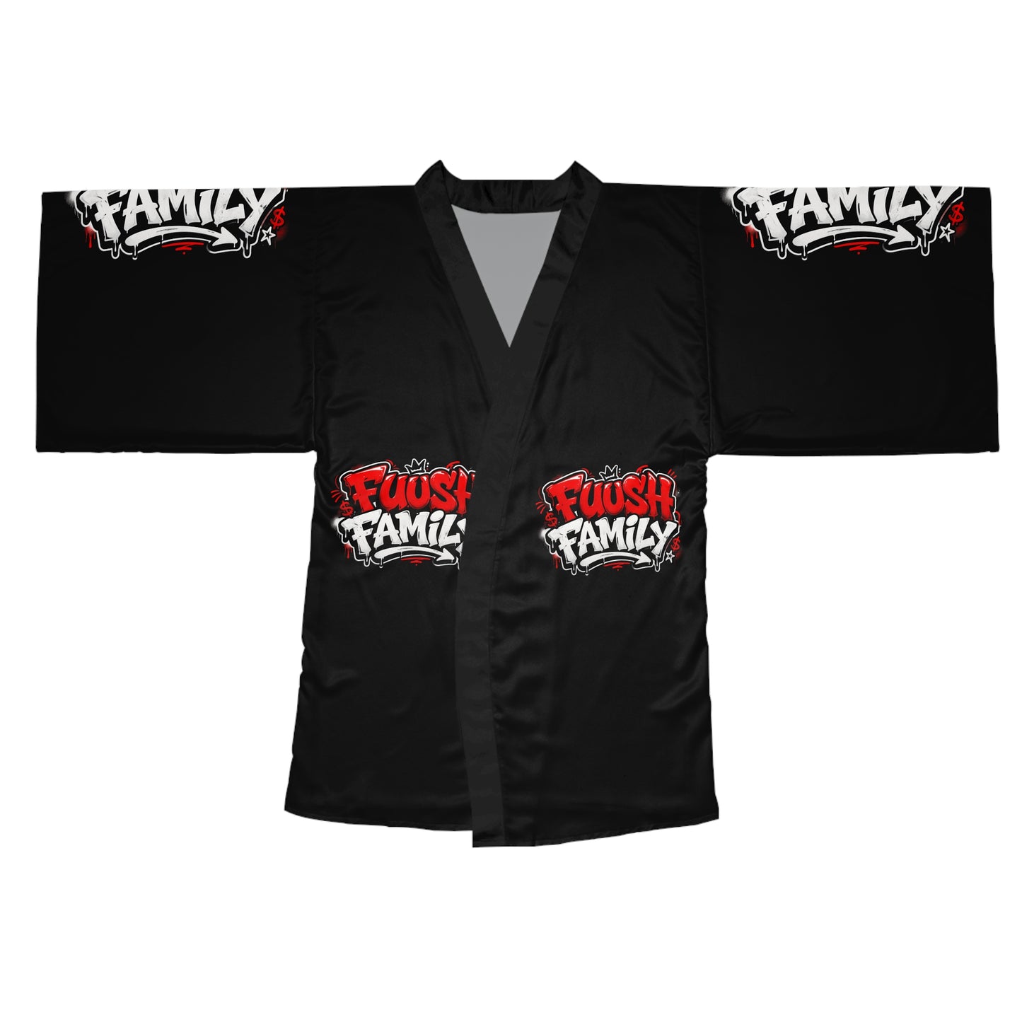 Black 'Fuush Family' Kimono Robe — Long Sleeve Lounge Wrap