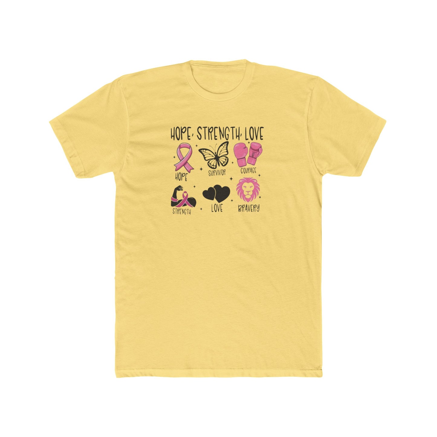 Breast Cancer Support Tee — "Hope Strength Love" Ribbon & Symbols Cotton T-Shirt