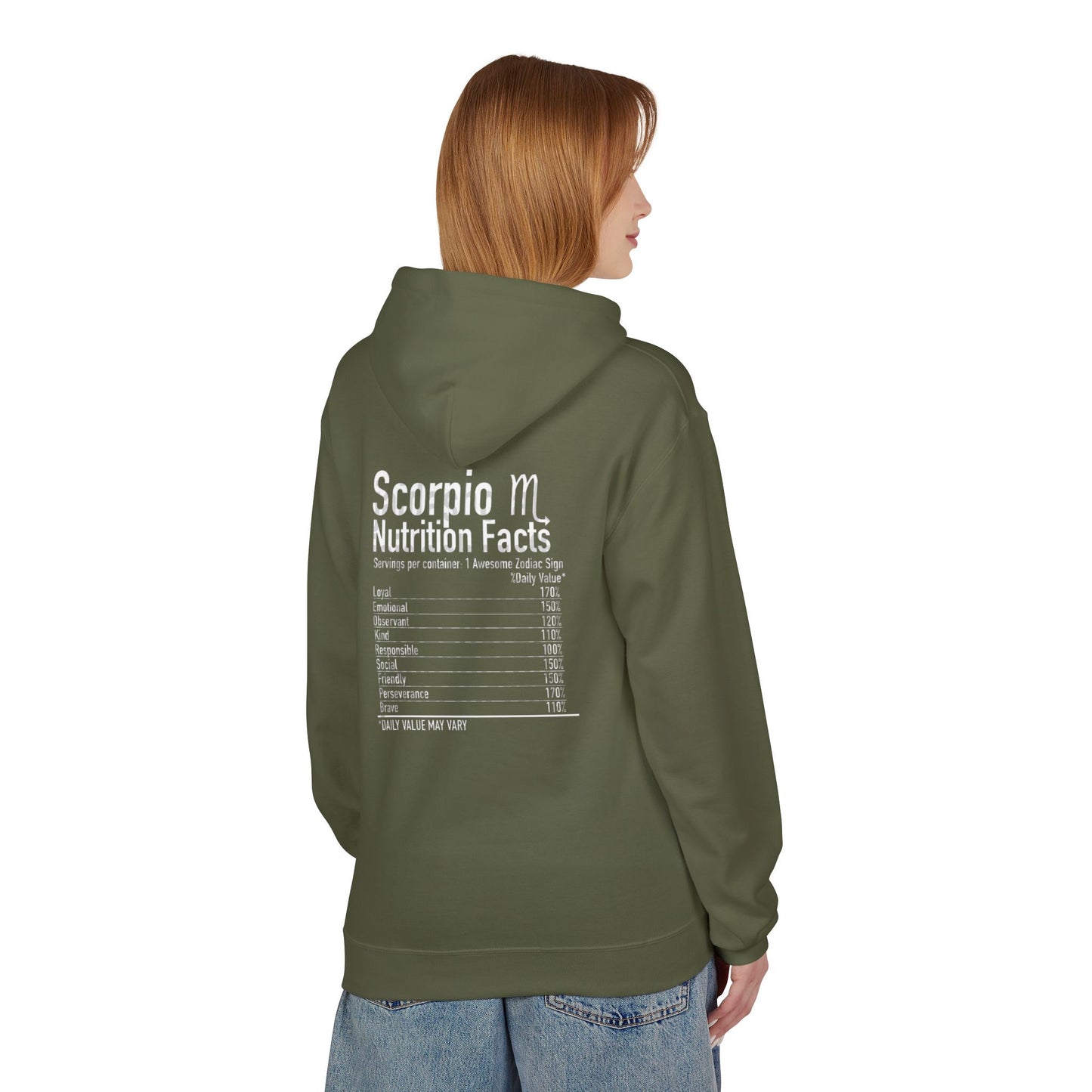Scorpio Hoodie — Zodiac Scorpion Graphic with 'Scorpio Nutrition Facts' Back Print