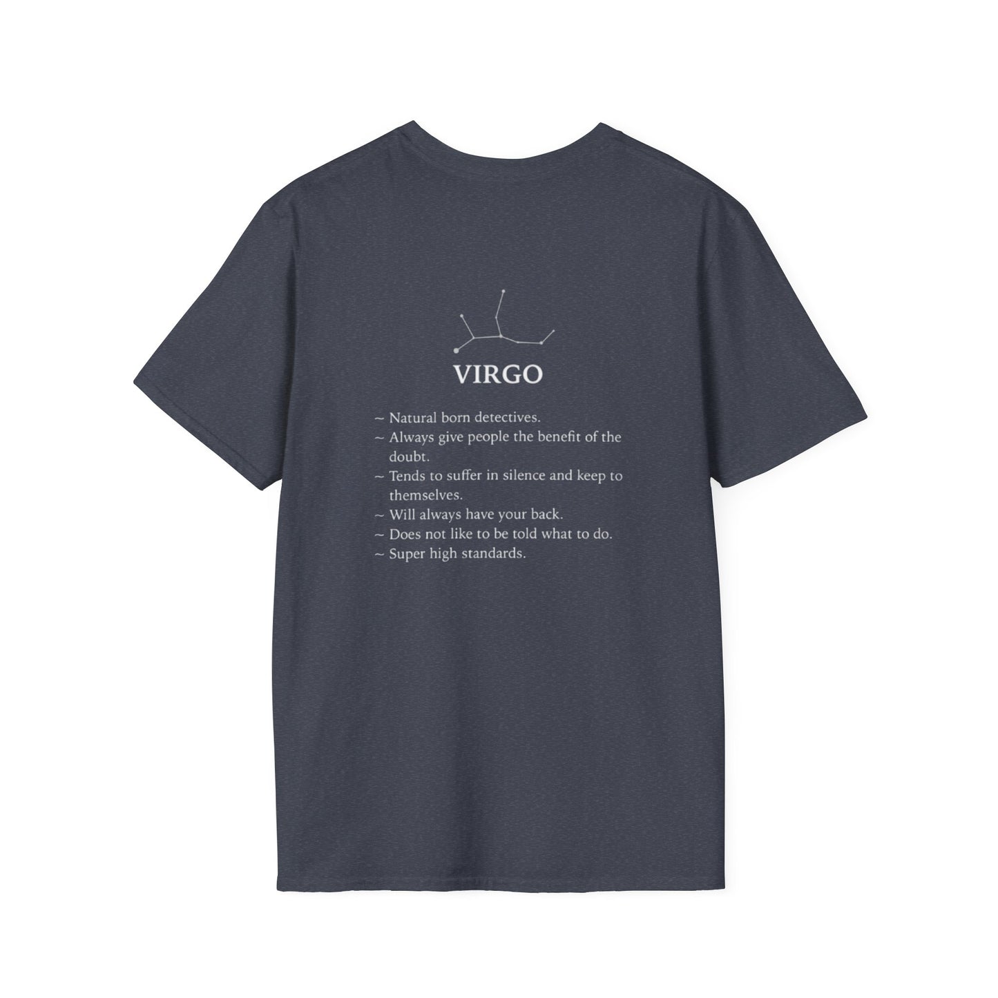Virgo Zodiac T-Shirt — Vintage Astrology Tee with Virgo Traits (Constellation Back)