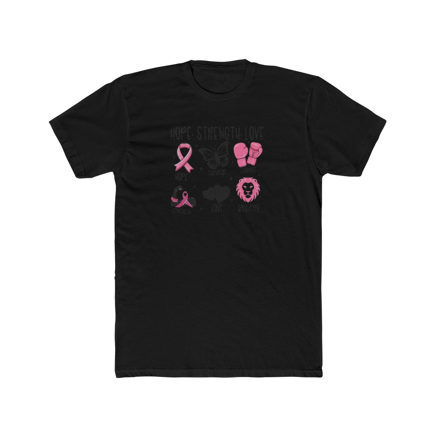 Breast Cancer Support Tee — "Hope Strength Love" Ribbon & Symbols Cotton T-Shirt