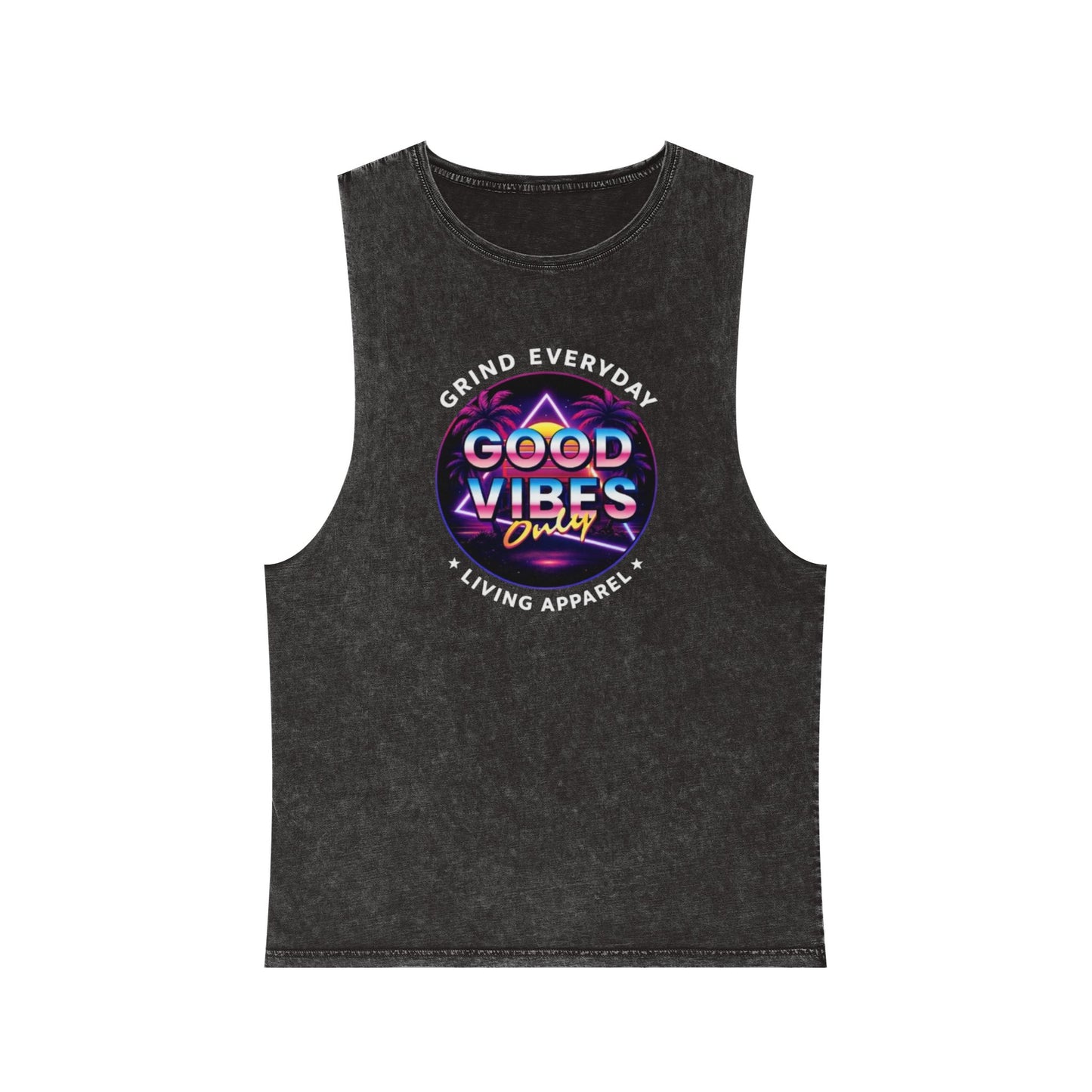 Good Vibes Tank Top — Neon Retro Graphic Stonewash Muscle Tee
