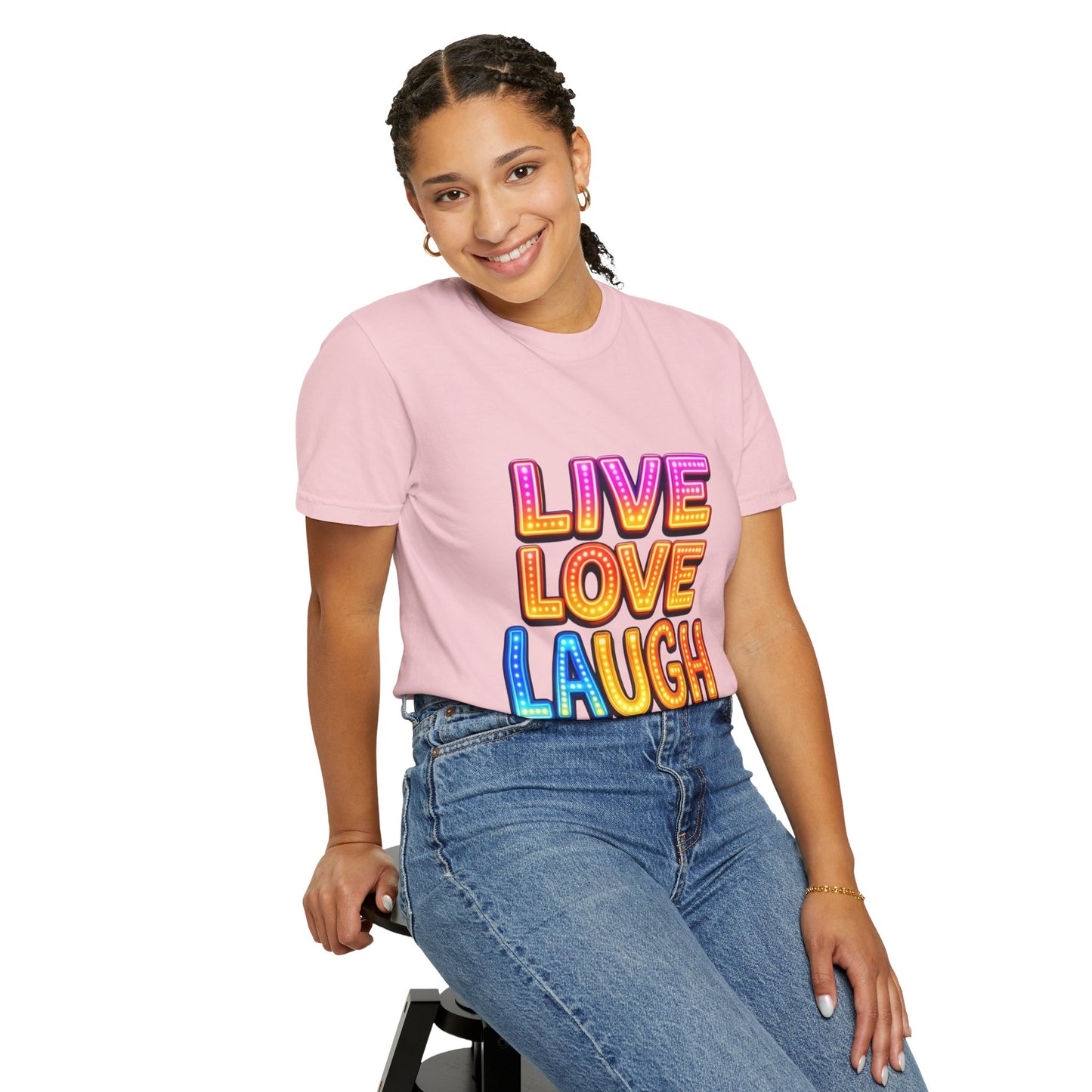 Live Love Laugh Graphic T-Shirt — Colorful Retro Marquee Design