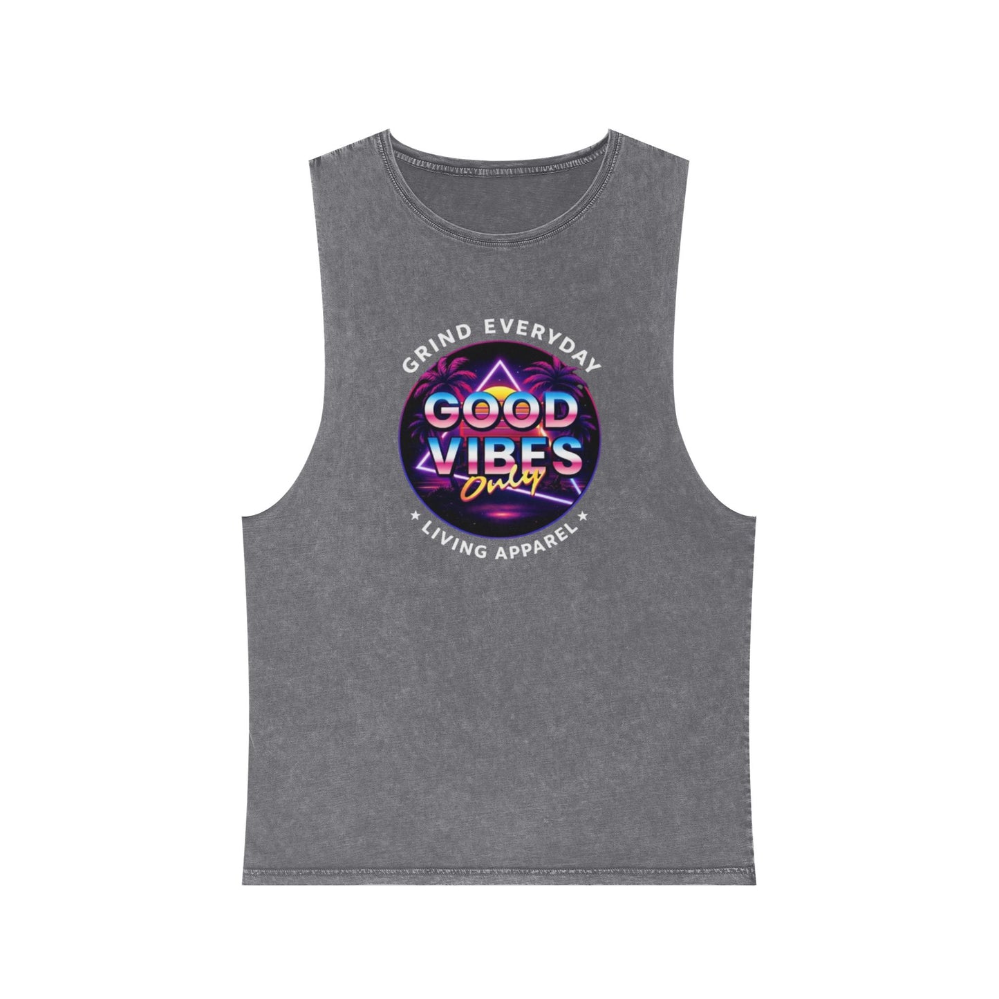 Good Vibes Tank Top — Neon Retro Graphic Stonewash Muscle Tee