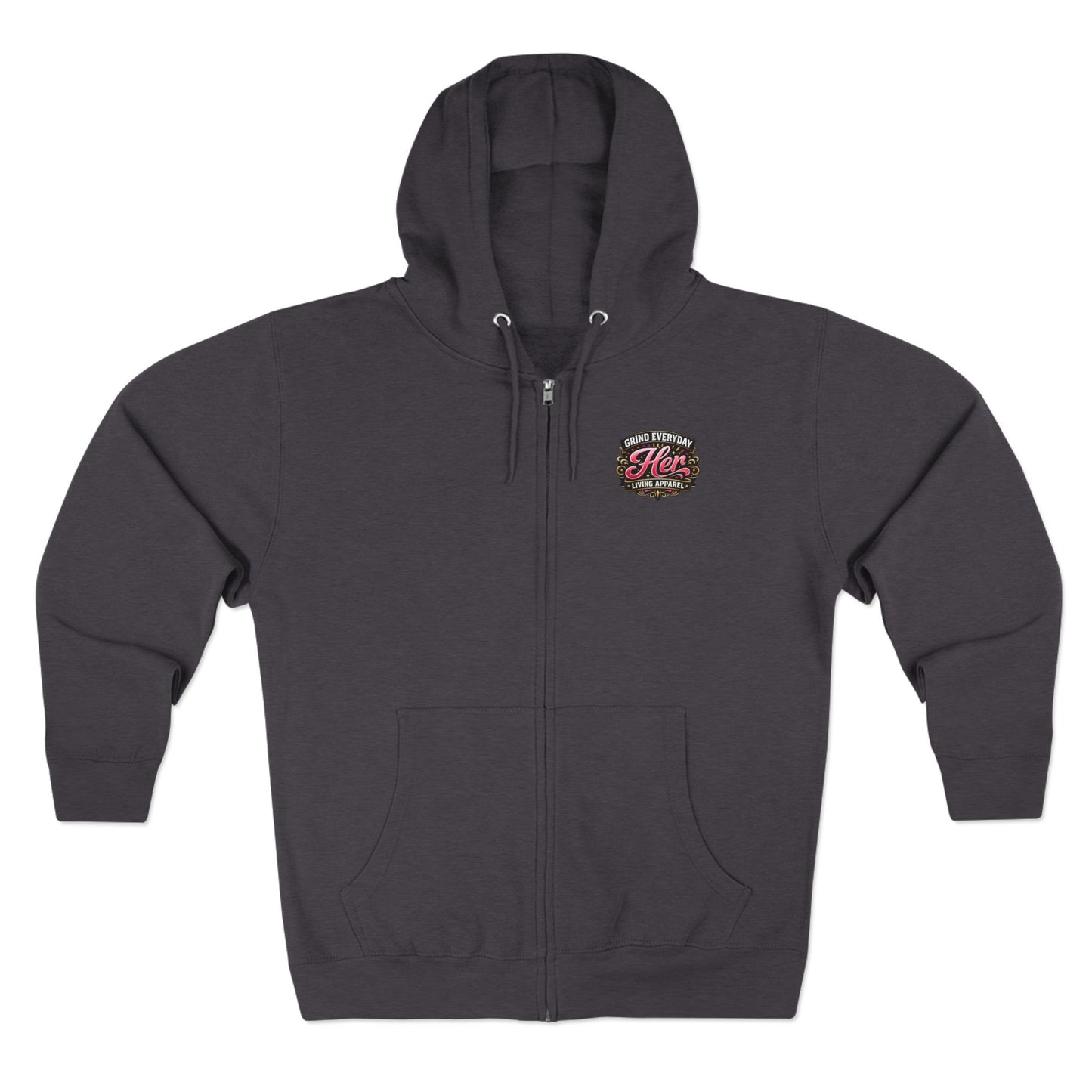 Zip Hoodie — 'Rich in Love' Vintage Crest Chest Logo, Subtle Back Text