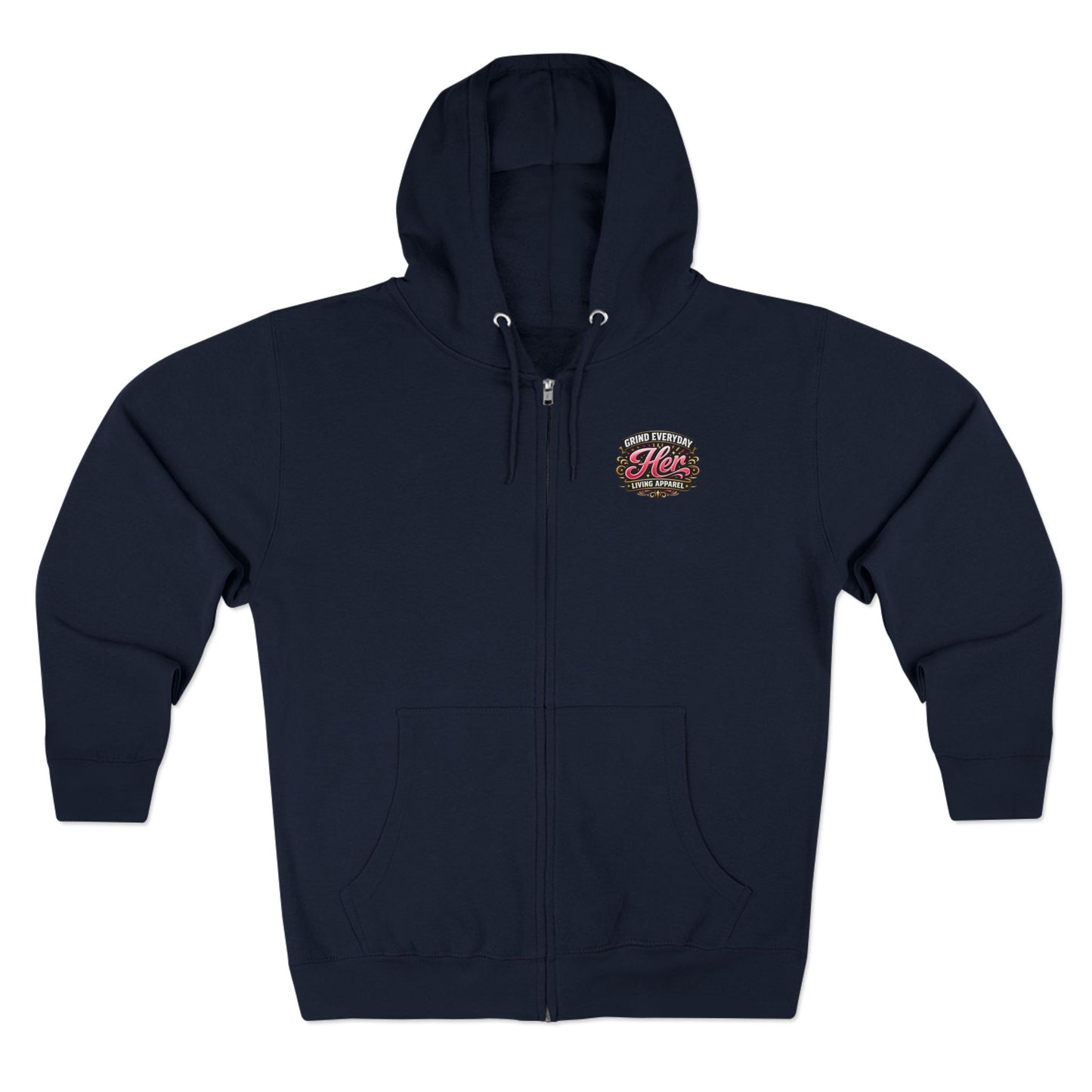 Zip Hoodie — 'Rich in Love' Vintage Crest Chest Logo, Subtle Back Text
