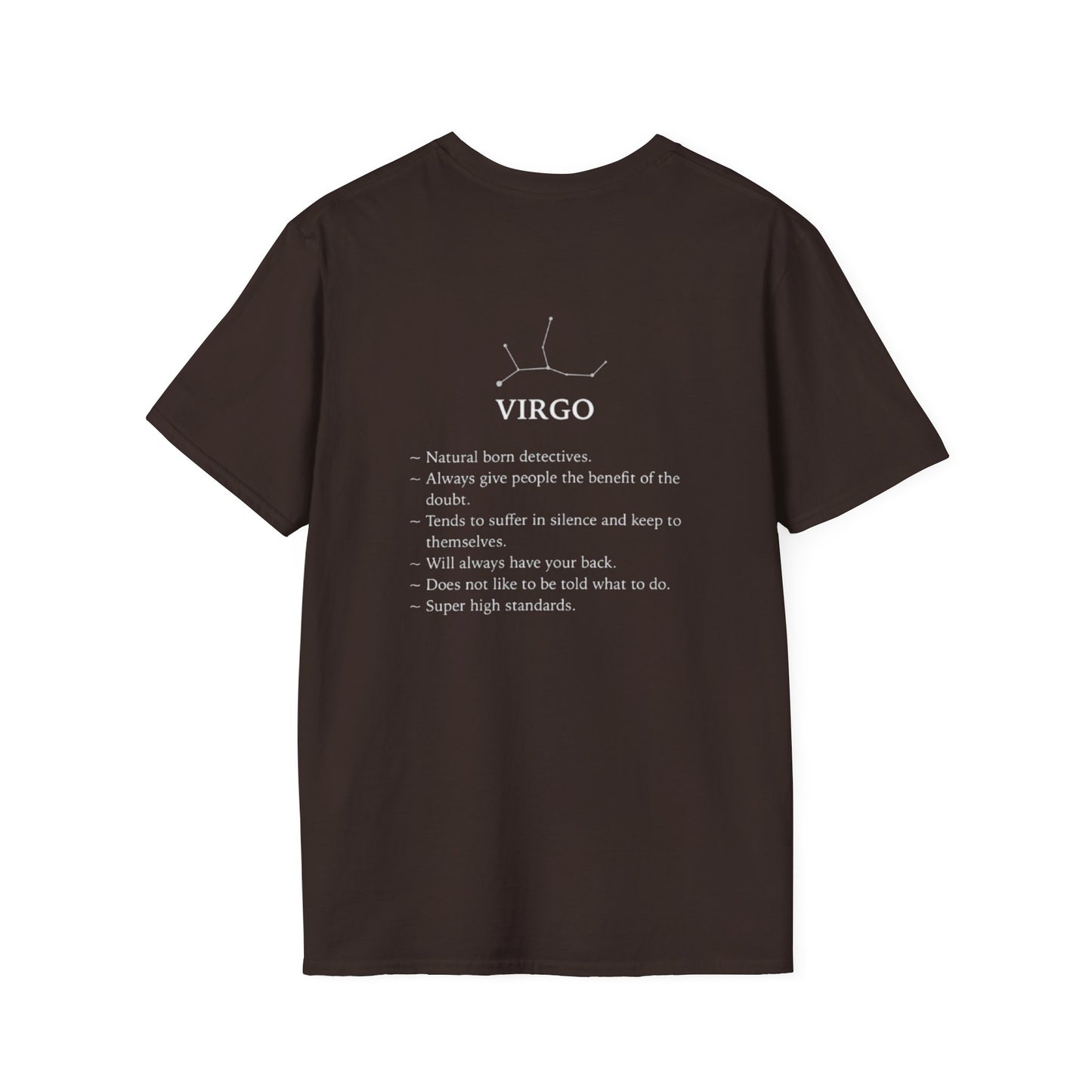 Virgo Zodiac T-Shirt — Vintage Astrology Tee with Virgo Traits (Constellation Back)