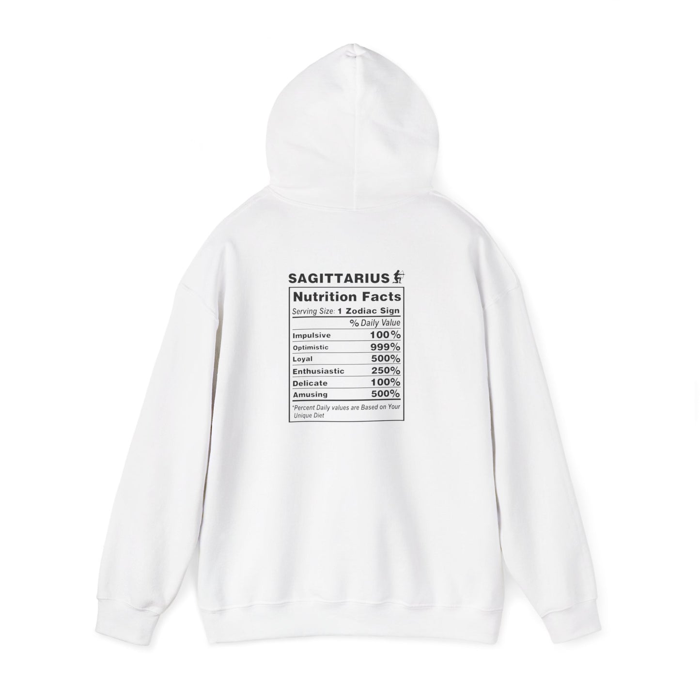 Sagittarius Zodiac Hoodie 2 – Astrological Flame Graphic with 'Sagittarius' & Nutrition Facts Back
