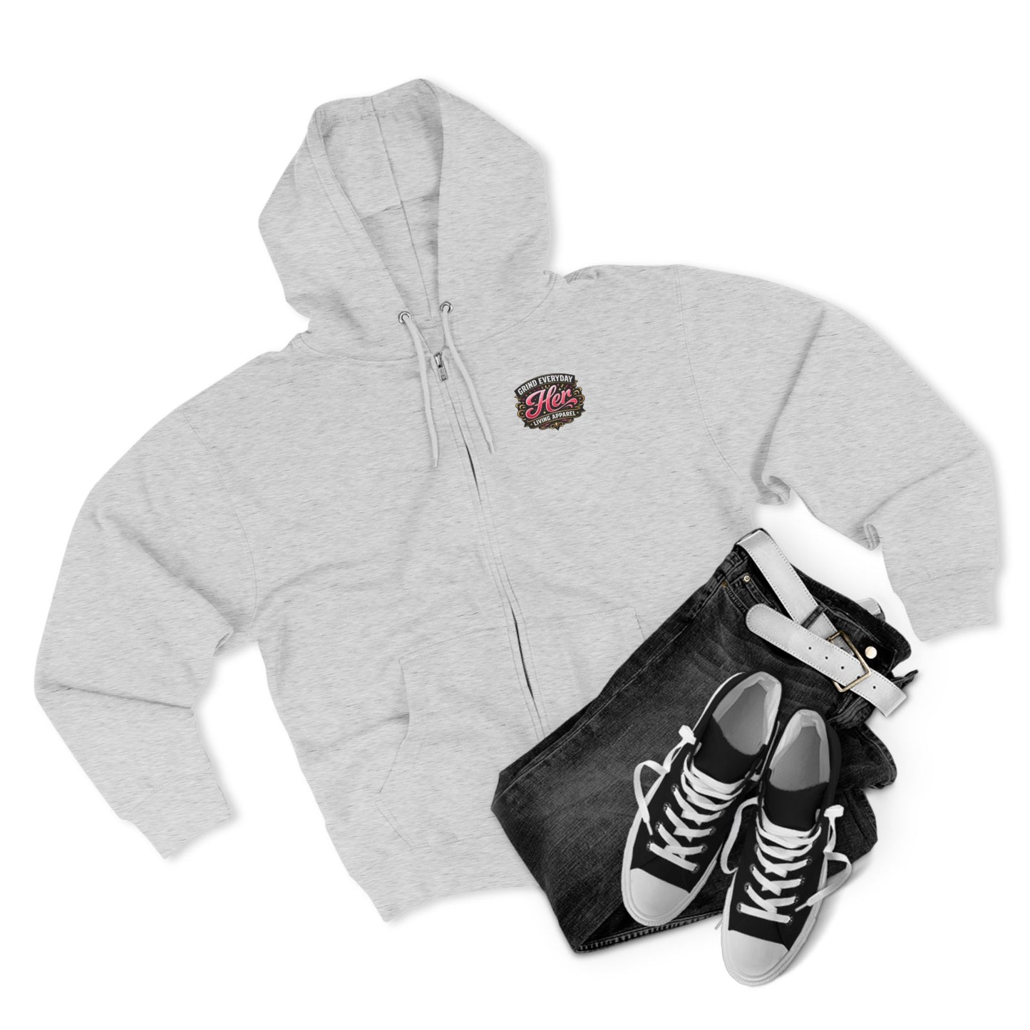 Zip Hoodie — 'Rich in Love' Vintage Crest Chest Logo, Subtle Back Text